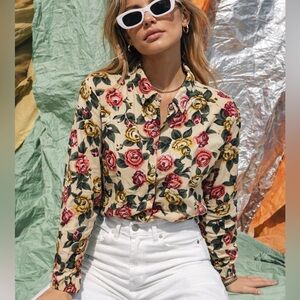 VINTAGE 90s Floral Tapestry Button Up Blouse Size Medium